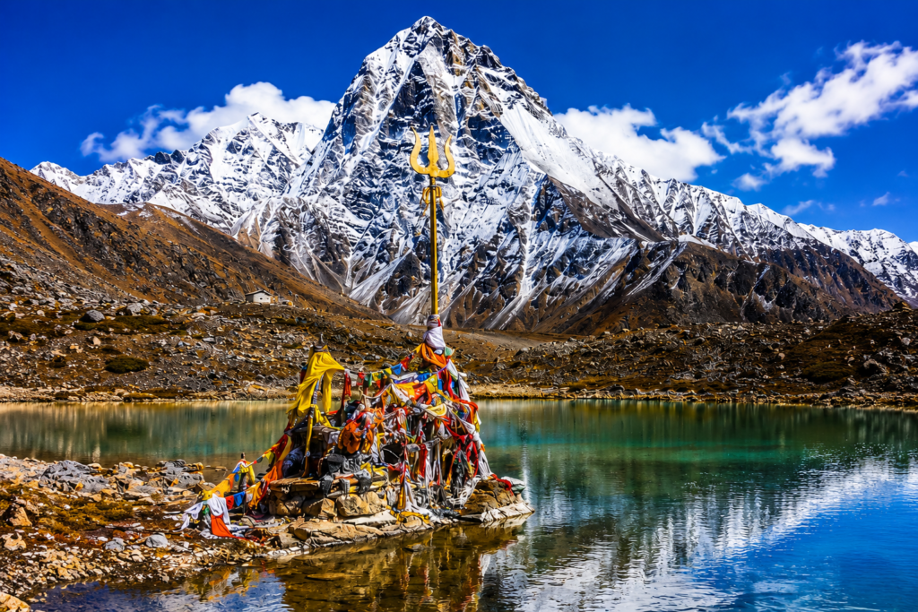 Ancient Himalayan Temple Below Snowy Peaks