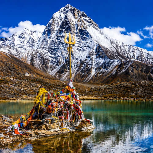 Ancient Himalayan Temple Below Snowy Peaks