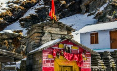 Snow-covered Madhyamaheshwar Temple in Uttarakhand Himalayas