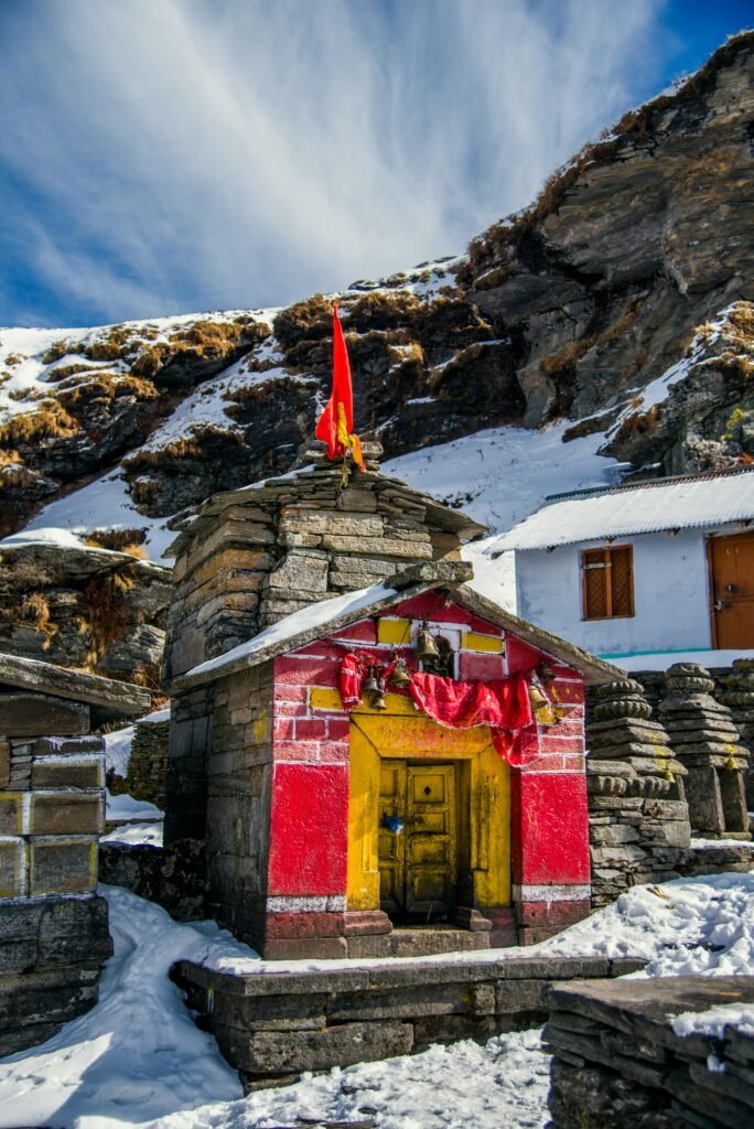 Snow-covered Madhyamaheshwar Temple in Uttarakhand Himalayas
