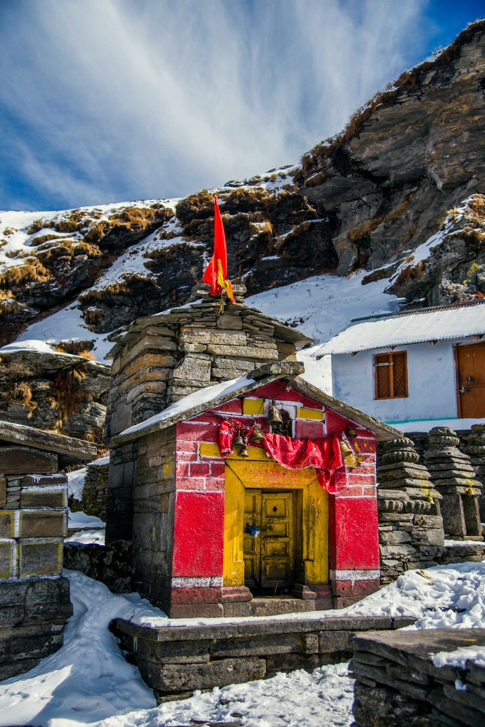 Snow-covered Madhyamaheshwar Temple in Uttarakhand Himalayas