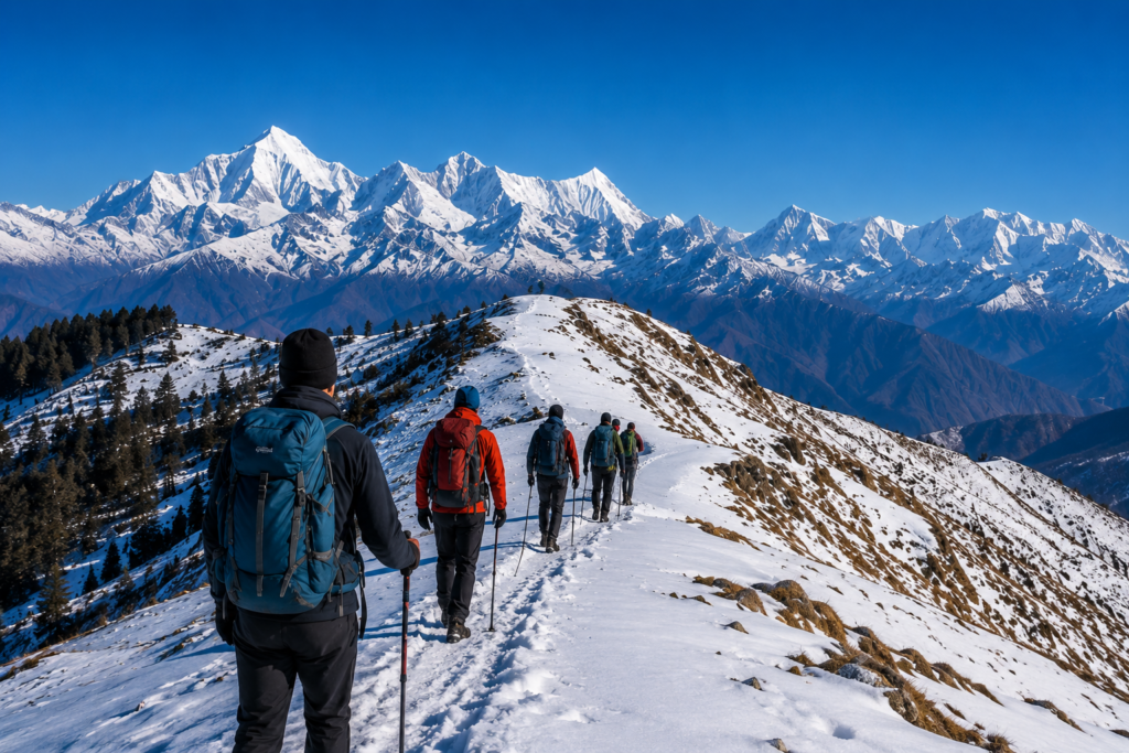 Kuari Pass Trekkers Hiking Snowy Ridge