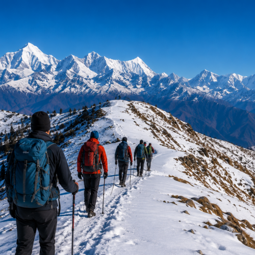 Kuari Pass Trekkers Hiking Snowy Ridge